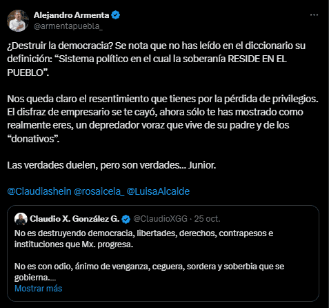 Alejandro Armenta apoya a Sheinbaum tras ataques de Claudio X