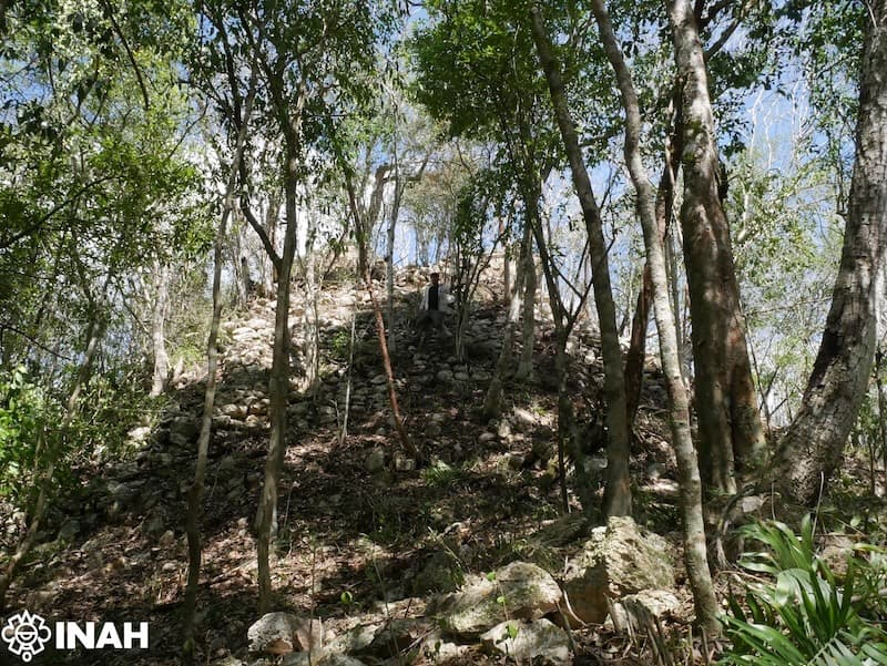 Ruinas de la antigua ciudad maya de Minanbé, rodeadas de densa vegetación en la Reserva de la Biosfera de Calakmul, Campeche.