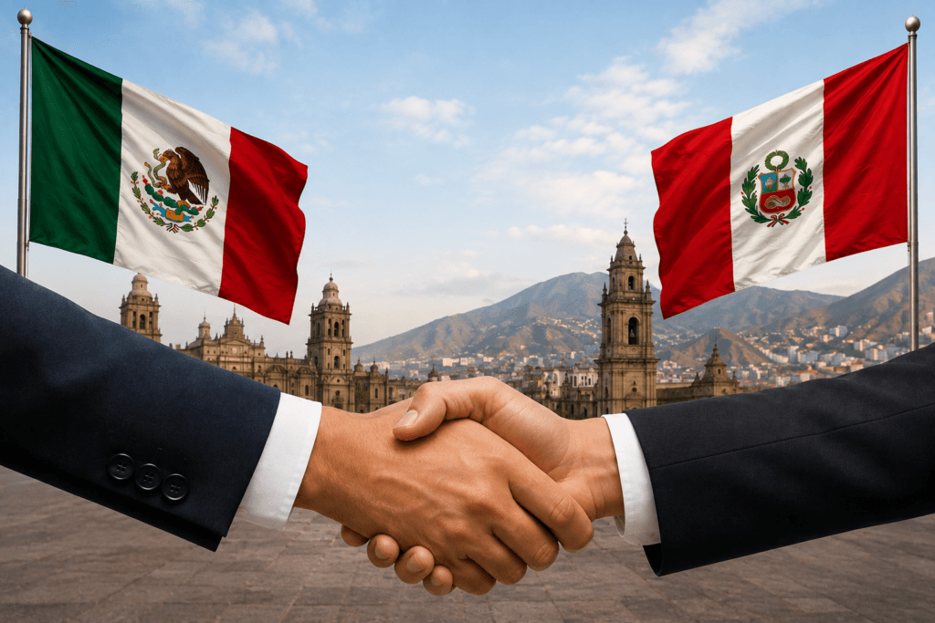 Representantes de México y Perú estrechan manos frente a banderas de ambos países, simbolizando la reanudación de relaciones diplomáticas.