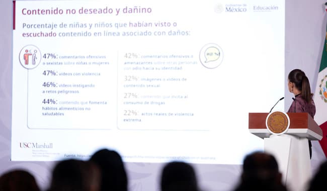 Claudia Sheinbaum presenta datos sobre contenido dañino en línea durante conferencia de prensa en Palacio Nacional.