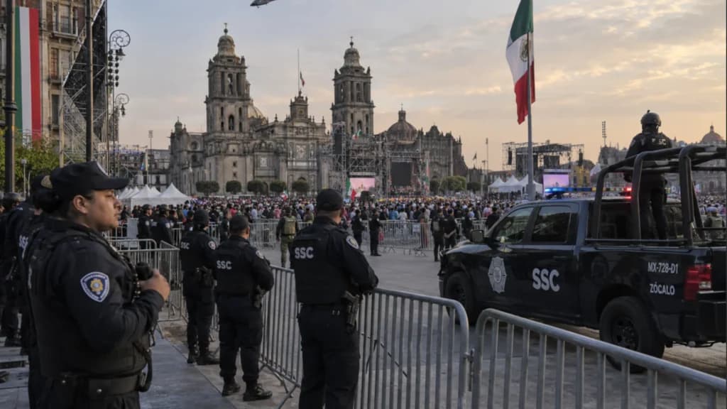 Policías de la SSC resguardan el Zócalo de CDMX durante las celebraciones del Grito de Independencia, con público y patrullas de fondo.