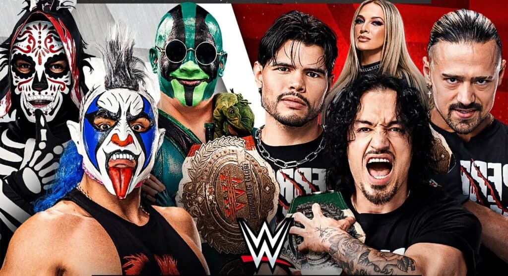 Luchadores de la lucha libre mexicana posan con el Campeonato Mundial de Tríos de AAA, destacando a Los Perros del Mal y sus oponentes.