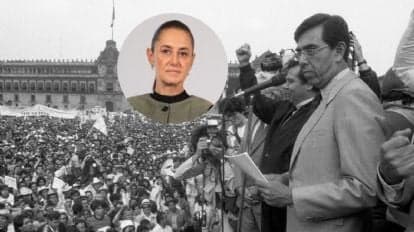 Claudia Sheinbaum en el funeral de Cuauhtémoc Cárdenas, rodeada de un gran grupo de personas en el Panteón Francés de San Joaquín.